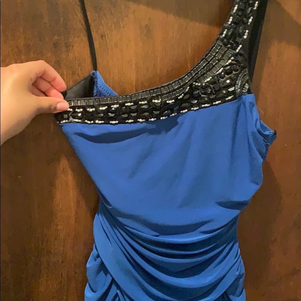 Blue bodycon scrunched dress with rhinestones